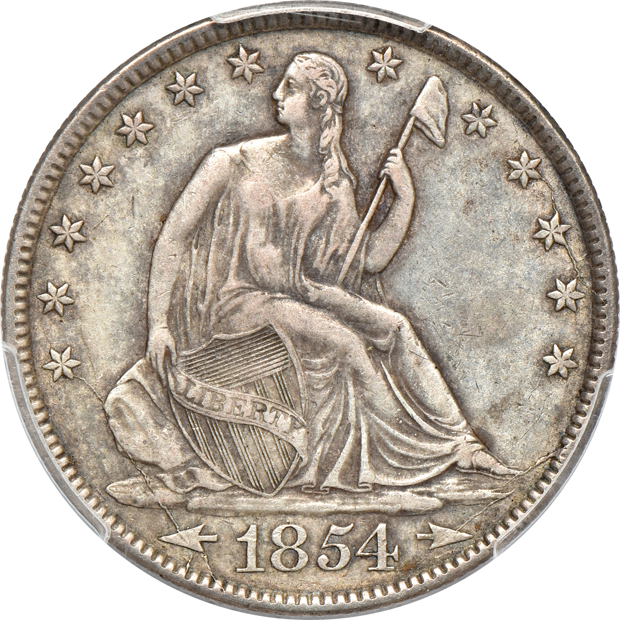 Six Seated Liberty half dollars in PCGS details holders