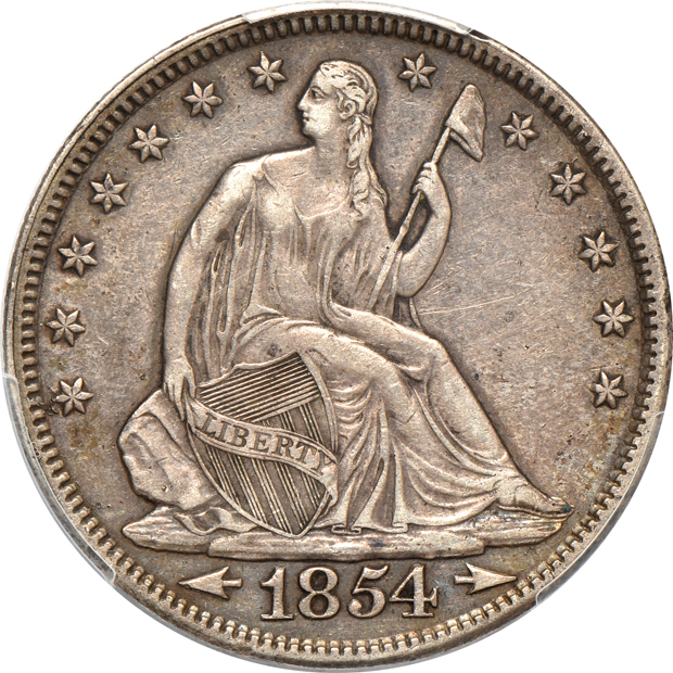 Six Seated Liberty half dollars in PCGS details holders