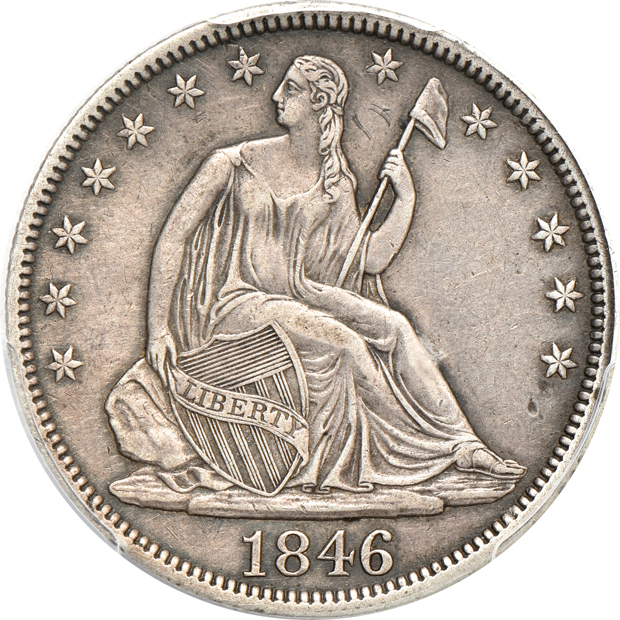 Six Seated Liberty half dollars in PCGS details holders