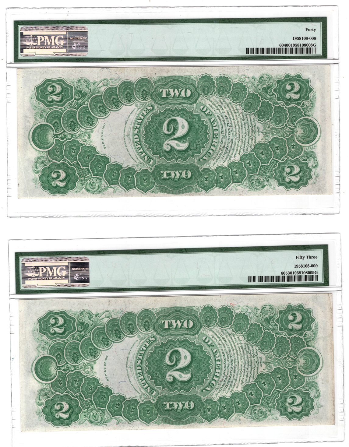Run of four 1917 $2 Fr# 60 - PMG XF-40, AU-53, XF-40, and XF-40