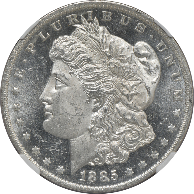 Five certified Uncirculated Morgan silver dollars