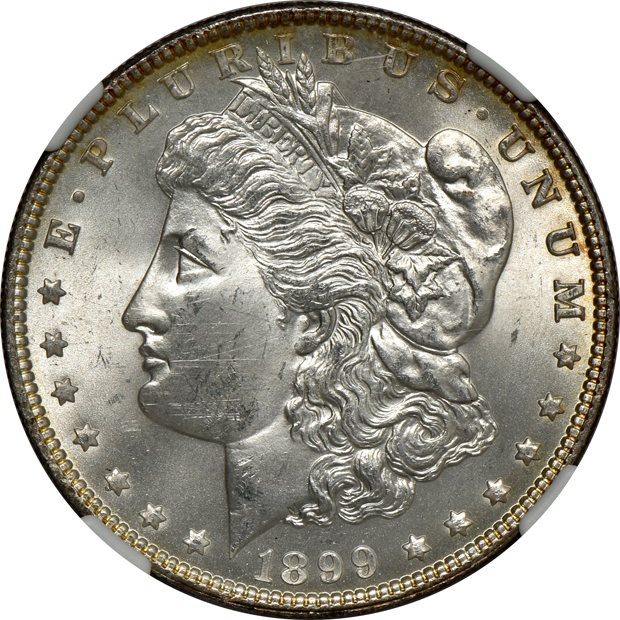 Five certified Uncirculated Morgan silver dollars