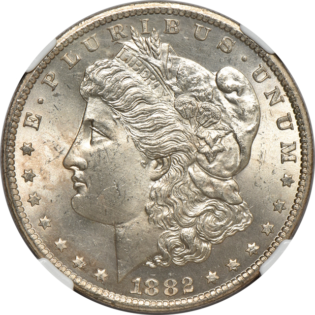 Five certified Uncirculated Morgan silver dollars