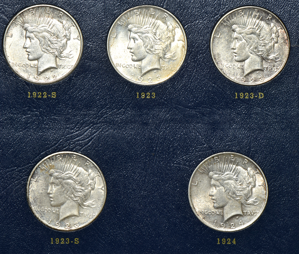 Collection of 23 different Peace silver dollars in a Whitman 9430 album