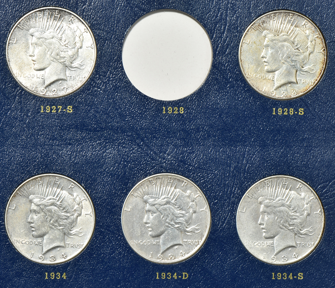 Collection of 23 different Peace silver dollars in a Whitman 9430 album