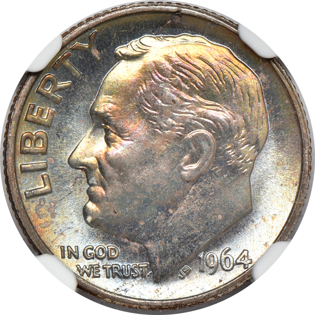 Collection of 20 Uncirculated and toned Roosevelt dimes, plus four Uncirculated and toned Washington quarters, all NGC 