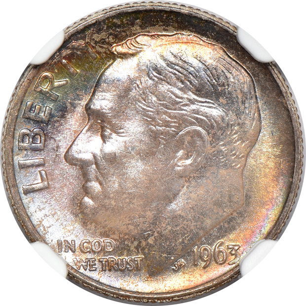 Collection of 20 Uncirculated and toned Roosevelt dimes, plus four Uncirculated and toned Washington quarters, all NGC 
