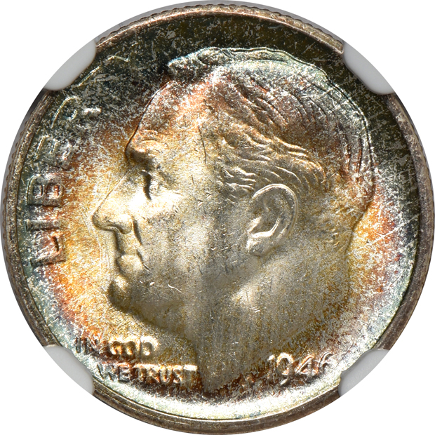 Collection of 20 Uncirculated and toned Roosevelt dimes, plus four Uncirculated and toned Washington quarters, all NGC 