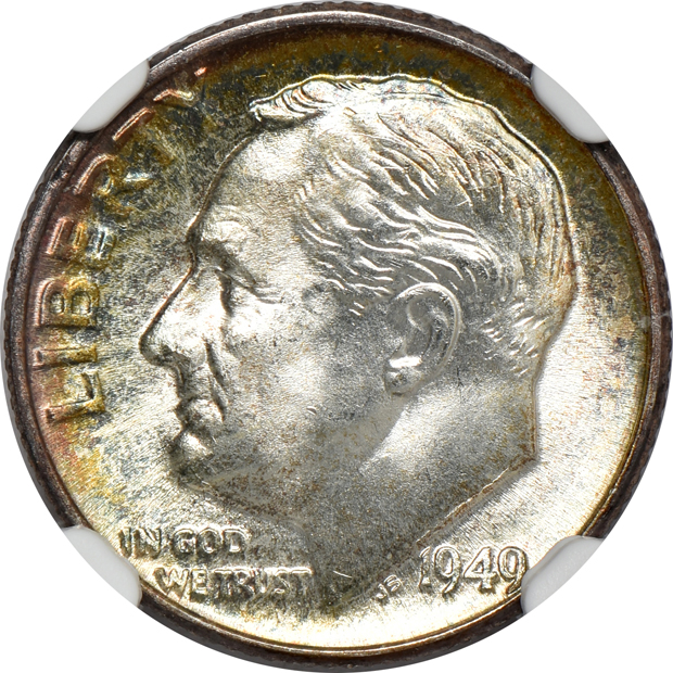 Collection of 20 Uncirculated and toned Roosevelt dimes, plus four Uncirculated and toned Washington quarters, all NGC 