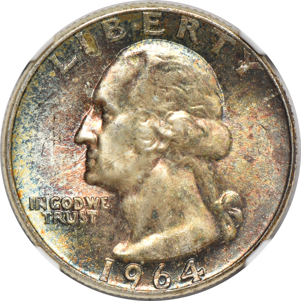 Collection of 33 Uncirculated and toned Roosevelt dimes, eight Uncirculated and toned Washington quarters, and an Uncirculated and toned Washington-Carver half-dollar, all NGC 