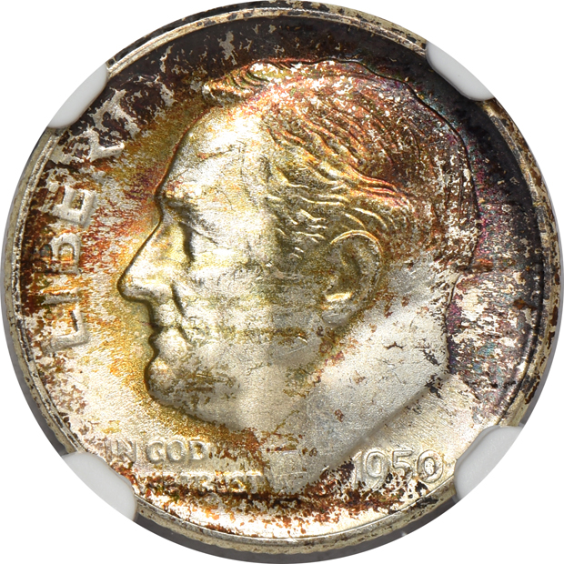 Collection of 33 Uncirculated and toned Roosevelt dimes, eight Uncirculated and toned Washington quarters, and an Uncirculated and toned Washington-Carver half-dollar, all NGC 