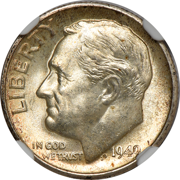 Collection of 33 Uncirculated and toned Roosevelt dimes, eight Uncirculated and toned Washington quarters, and an Uncirculated and toned Washington-Carver half-dollar, all NGC 