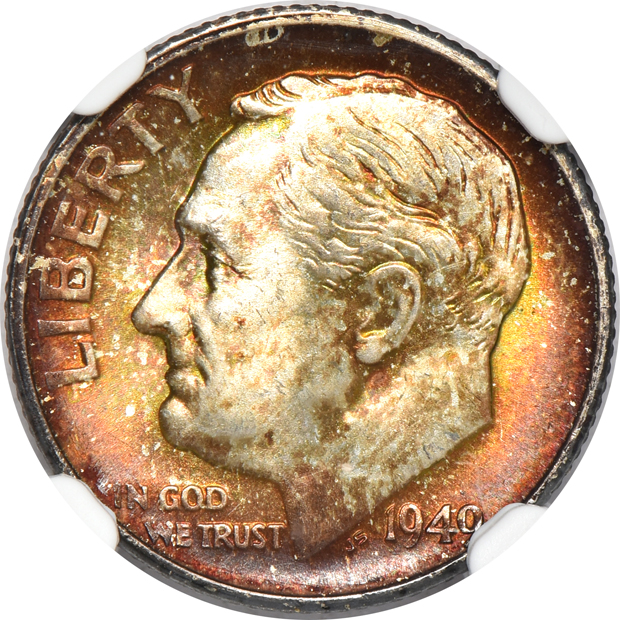 Collection of 33 Uncirculated and toned Roosevelt dimes, eight Uncirculated and toned Washington quarters, and an Uncirculated and toned Washington-Carver half-dollar, all NGC 
