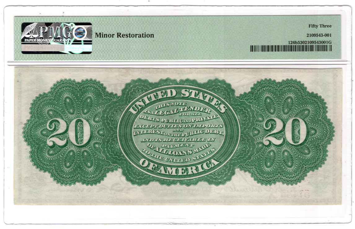 1863 $20 Fr# 126b - PMG AU-53/minor restoration