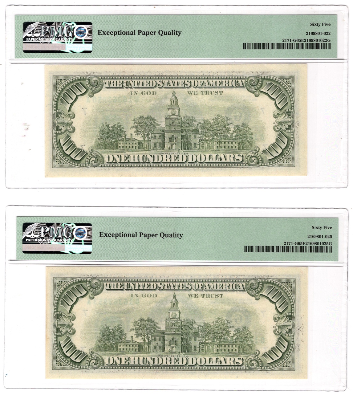 Run of twelve sequential 1985 $100 Chicago - one ChCU-63, eight ChCU-64, and three GemCU-65, all PMG EPQ