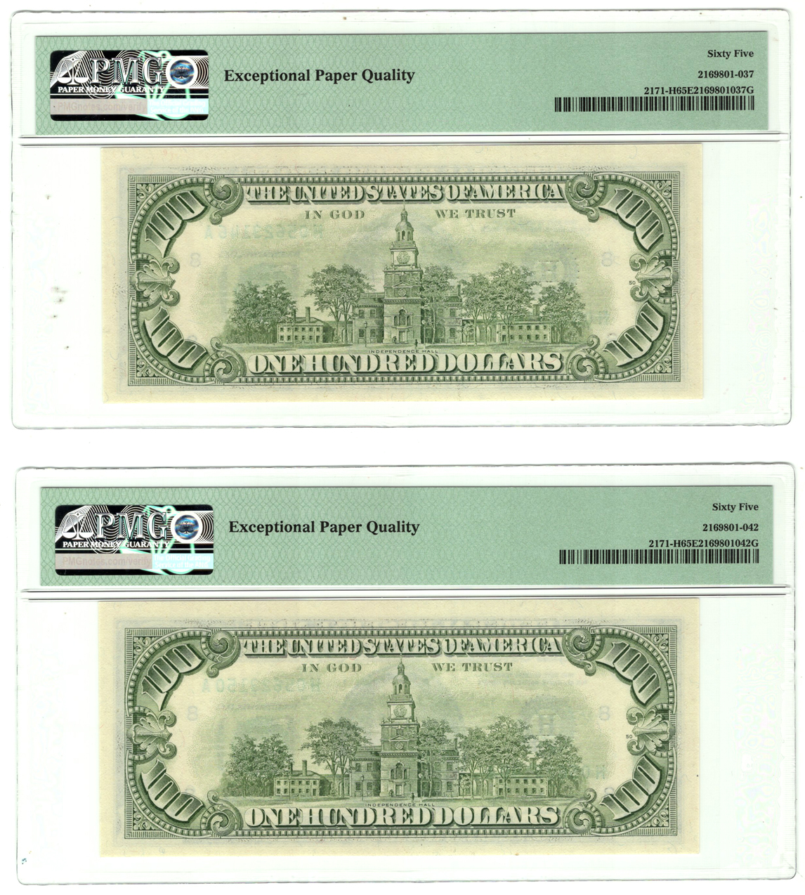 Group of nine sequential 1985 $100 St. Louis Fr# 2171-H - Five GemCU-65 and four GemCU-66, all PMG EPQ