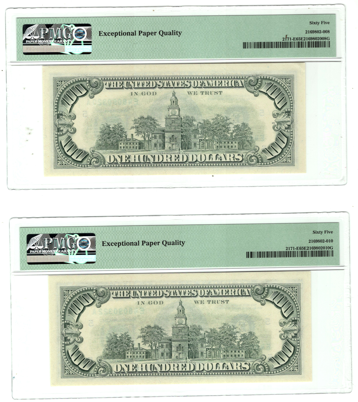 Run of ten 1985 $100 Richmond Fr# 2171-E - Six GemCU-65 and four GemCU-66, all PMG EPQ
