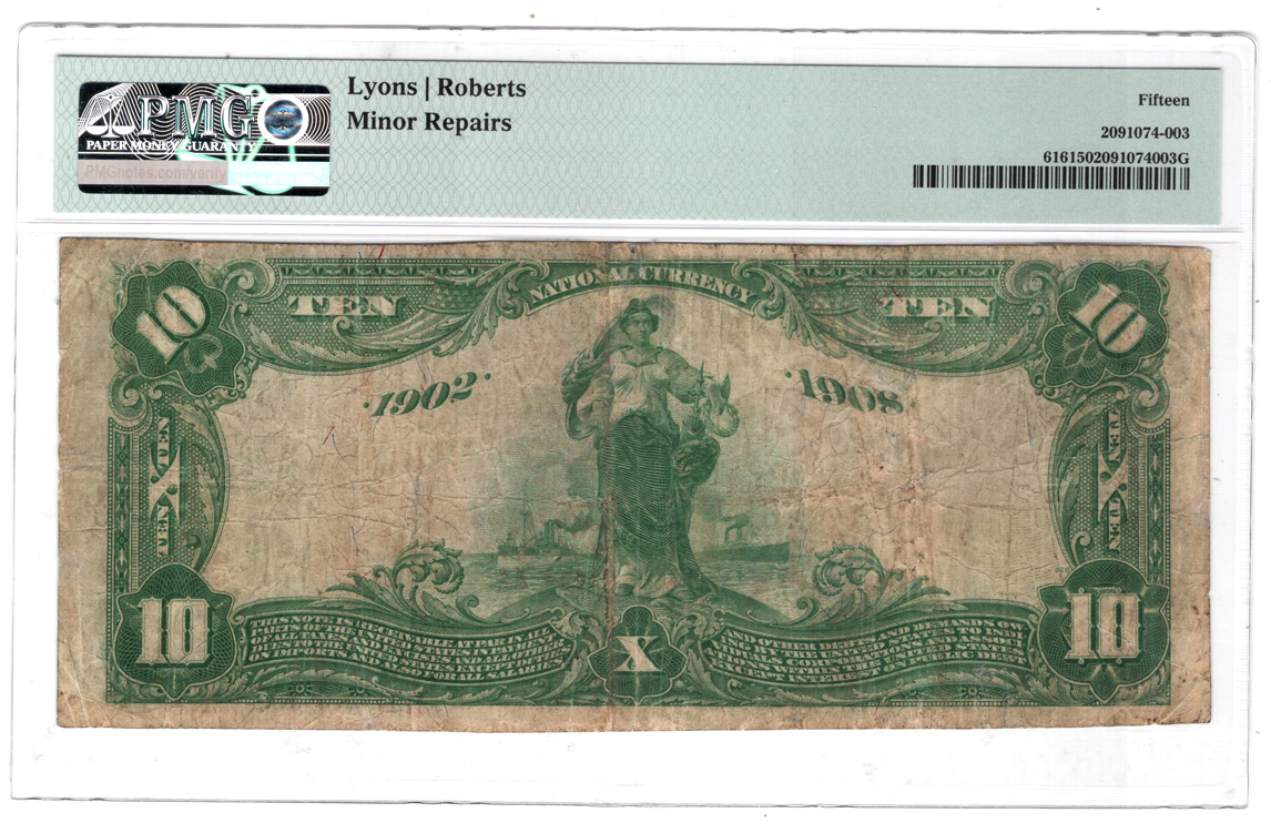 1902 $10 Blue Seal Date Back - Mountain Grove, MO Charter #7282 - PMG F-15/minor repairs