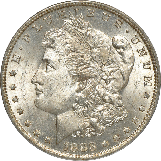 1883-O, 1884-O, and 1885-O, all PCGS MS-65 (green label)