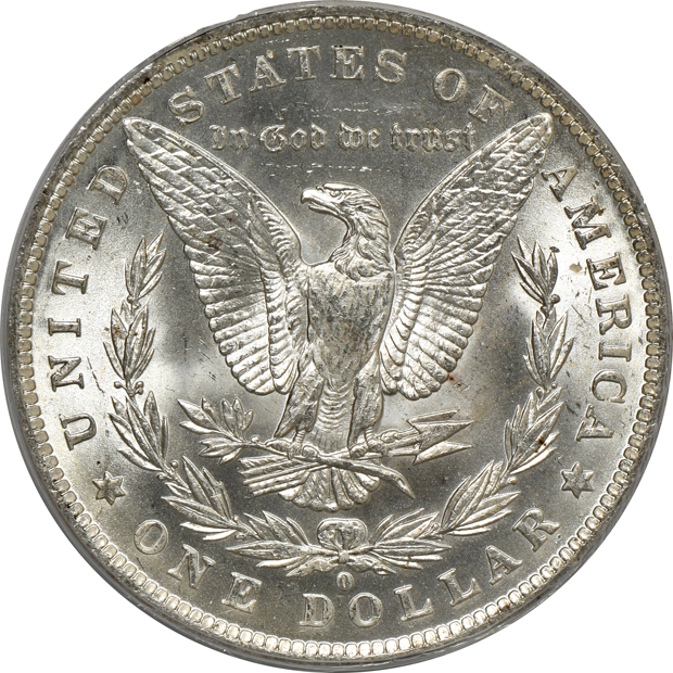 1883-O, 1884-O, and 1885-O, all PCGS MS-65 (green label)
