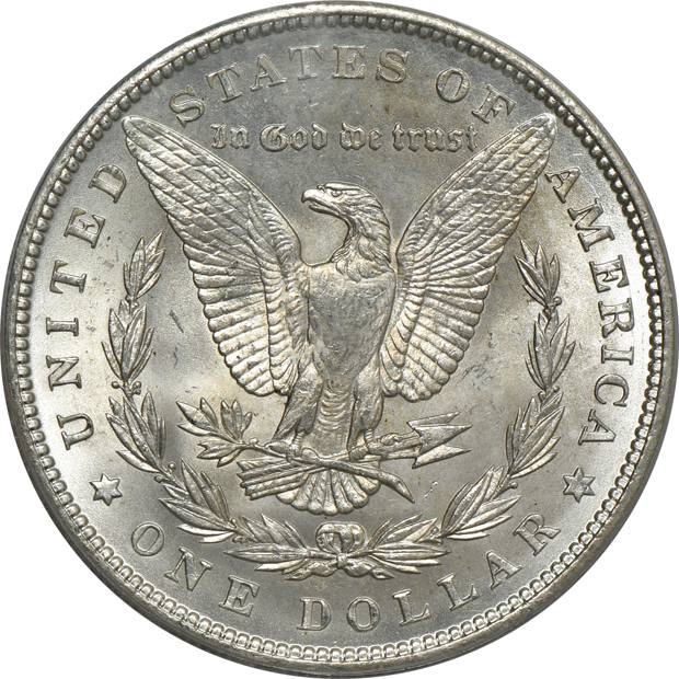 Four Morgan silver dollars, all PCGS MS-65 (green label)