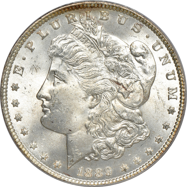 Four Morgan silver dollars, all PCGS MS-65 (green label)