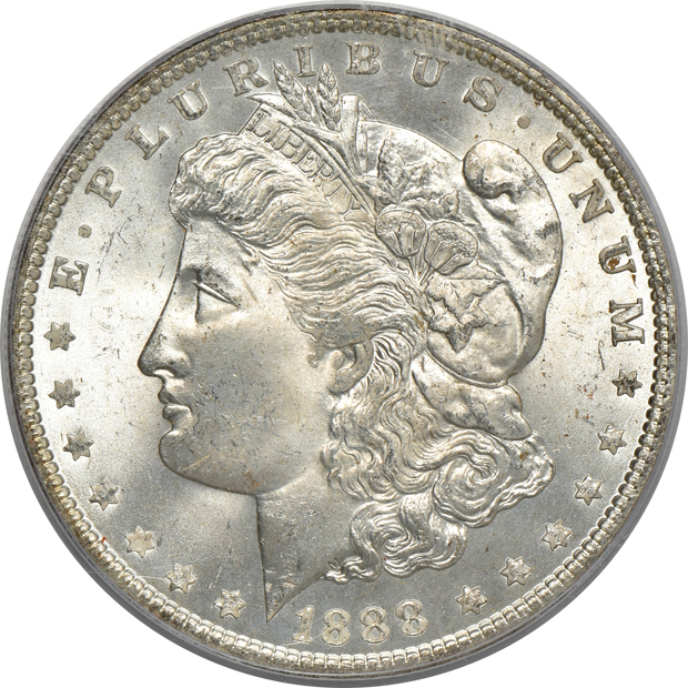 Four Morgan silver dollars, all PCGS MS-65 (green label)