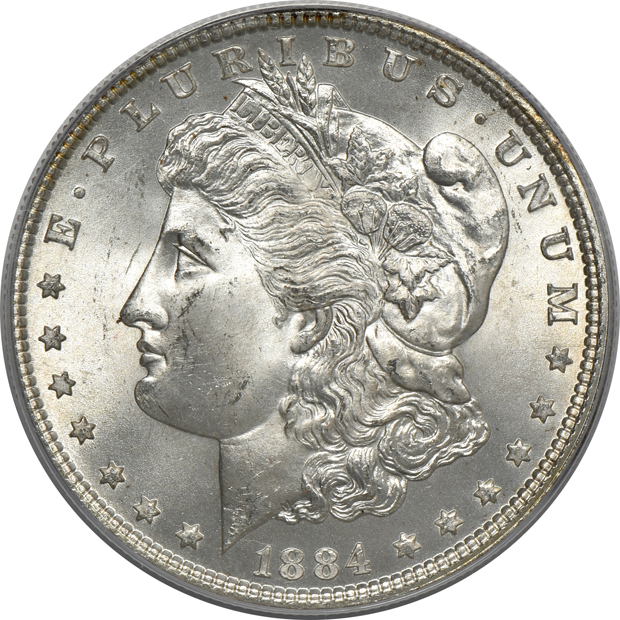 Four Morgan silver dollars, all PCGS MS-65 (green label)