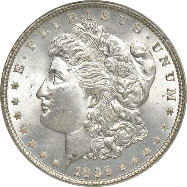 Five Morgan silver dollars, all PCGS MS-65 (green label)
