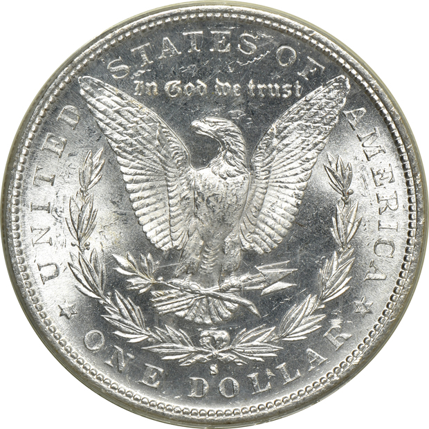 Four Morgan silver dollars, all PCGS MS-65 (green label)