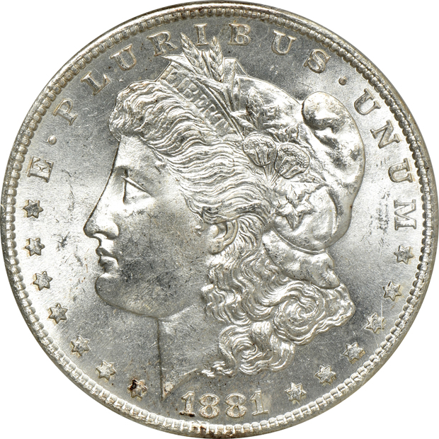 Four Morgan silver dollars, all PCGS MS-65 (green label)