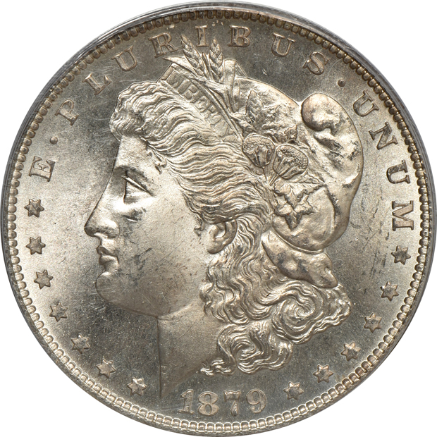 Four Morgan silver dollars, all PCGS MS-65 (green label)