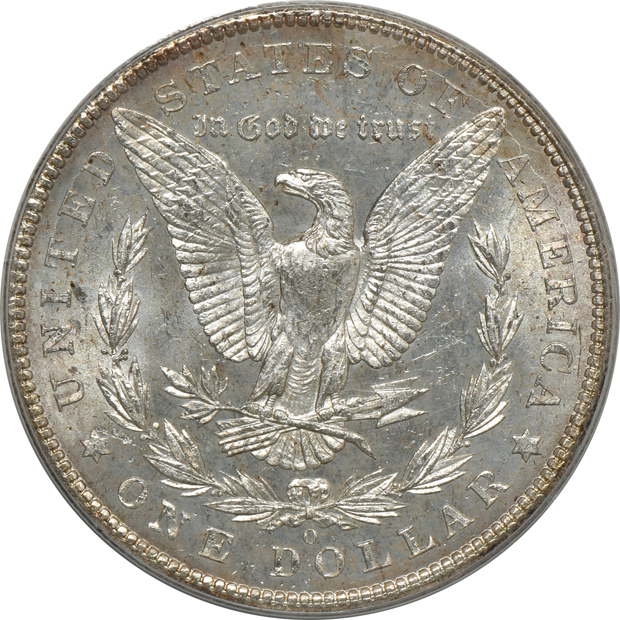 Four Morgan silver dollars, all PCGS MS-65 (green label)