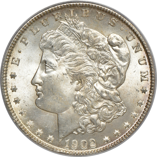 Four Morgan silver dollars, all PCGS MS-65 (green label)