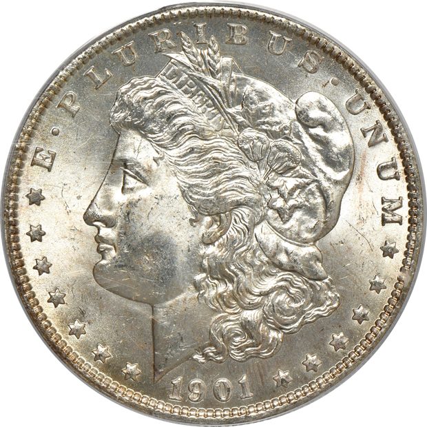 Four Morgan silver dollars, all PCGS MS-65 (green label)