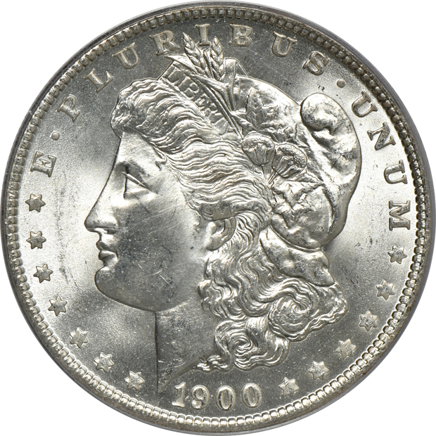 Four Morgan silver dollars, all PCGS MS-65 (green label)