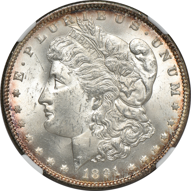 Four certified Uncirculated Morgan silver dollars