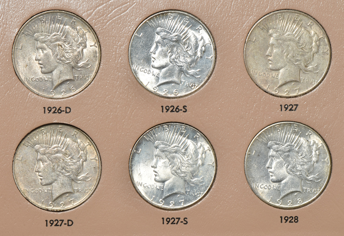 Complete collection of Peace silver dollars in a Dansco 7175 album