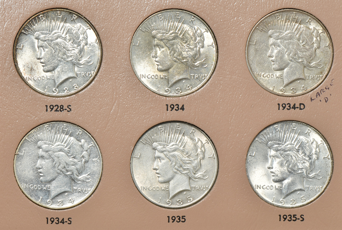 Complete collection of Peace silver dollars in a Dansco 7175 album