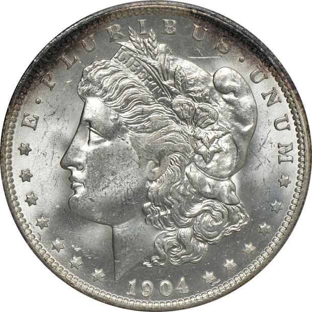 Six certified Uncirculated Morgan silver dollars, all New Orleans Mint