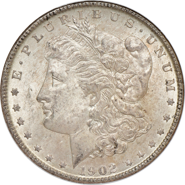 Six certified Uncirculated Morgan silver dollars, all New Orleans Mint