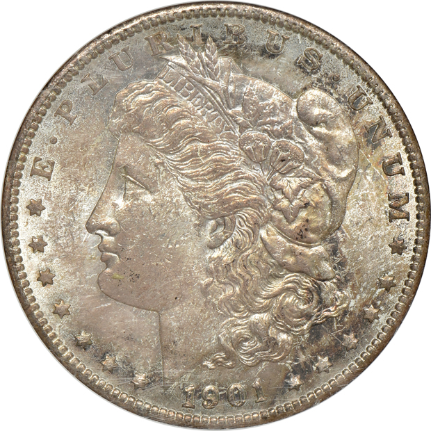 Six certified Uncirculated Morgan silver dollars, all New Orleans Mint