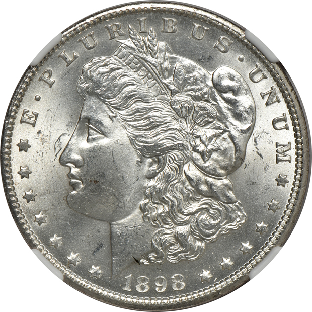 Six certified Uncirculated Morgan silver dollars, all New Orleans Mint