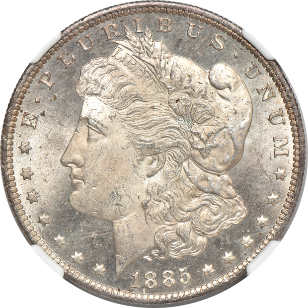 Six certified Uncirculated Morgan silver dollars, all New Orleans Mint