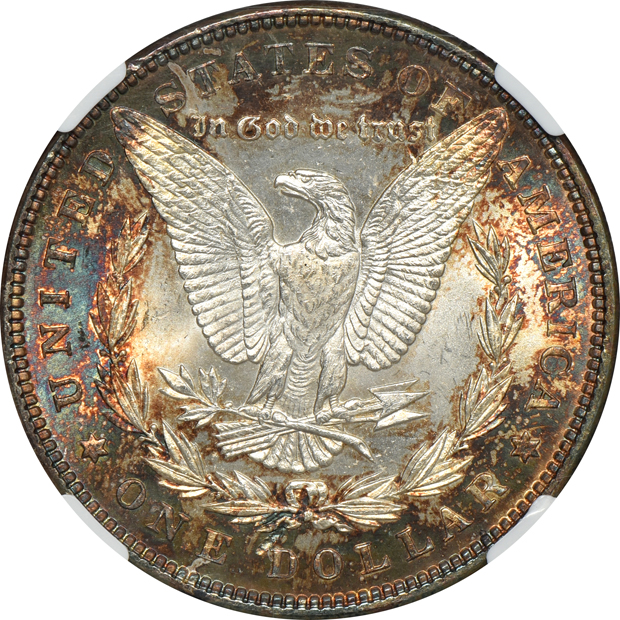 Five toned and certified Uncirculated Morgan silver dollars