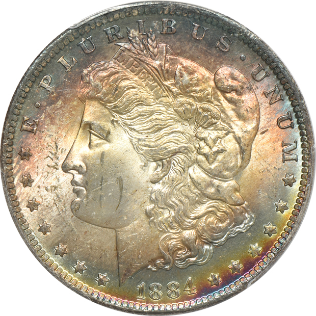 Five toned and certified Uncirculated Morgan silver dollars
