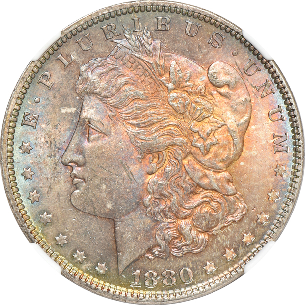 Five toned and certified Uncirculated Morgan silver dollars