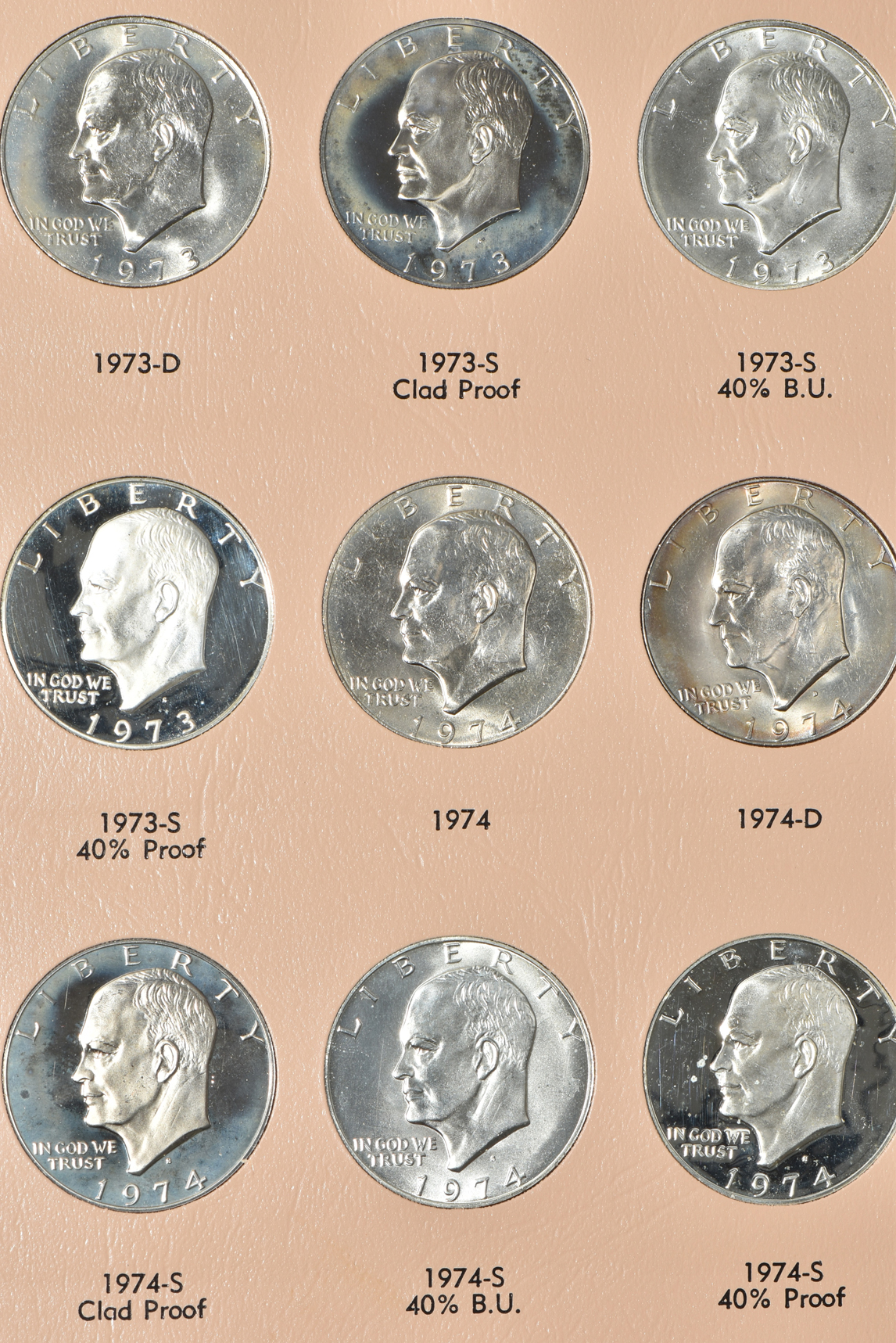 Collections of Kennedy half dollars and Eisenhower dollars in albums