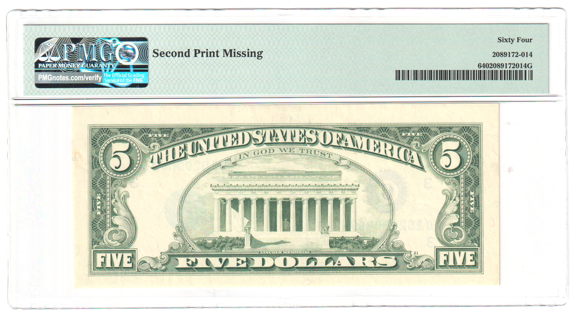 Error Currency - $5 Philadelphia Federal Reserve Note Second Print Missing PMG ChCU-64
