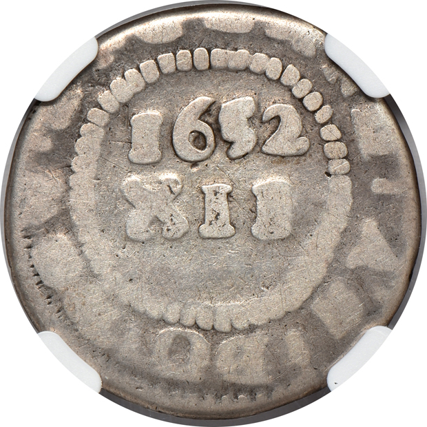 1652 Small Planchet Pine Tree Shilling NOE-29 NGC VG details/graffiti